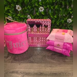 Juicy Couture Pink Cosmetic Bag With JC Makeup Brushes, And JC Makeup Wipes